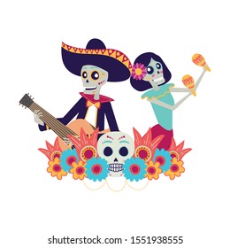 catrina and mariachi skulls playing maracas and guitar vector illustration design