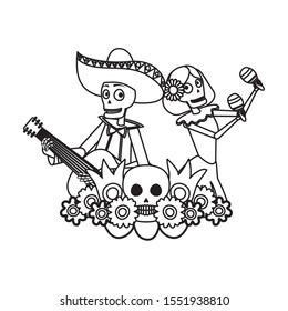 catrina and mariachi skulls playing maracas and guitar vector illustration design