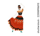 Catrina, Mexican skeleton in dress for Dia de los Muertos, Day of Dead holiday. Katrina Calavera Garbancera, Mexico woman dancing flamenco. Flat vector illustration isolated on white background