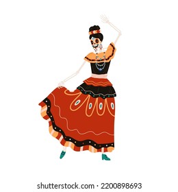 Catrina, Mexican skeleton in dress for Dia de los Muertos, Day of Dead holiday. Katrina Calavera Garbancera, Mexico woman dancing flamenco. Flat vector illustration isolated on white background