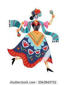 Catrina playing maracas dancing Dia de los muertos, Day of the dead party vector flat illustration. Happy spooky woman in skeleton festive dress and flower wreath celebrating Mexican holiday isolated