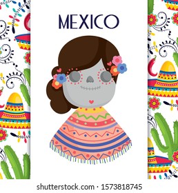 catrina with poncho hat cactus flowers mexico traditional event decoration card vector illustration