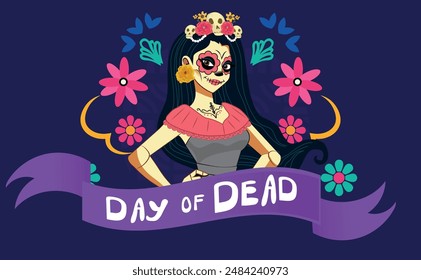 Catrina Skelett im schwarz-roten Kleid mit handgezeichneten Blumen dahinter auf blauem Hintergrund.