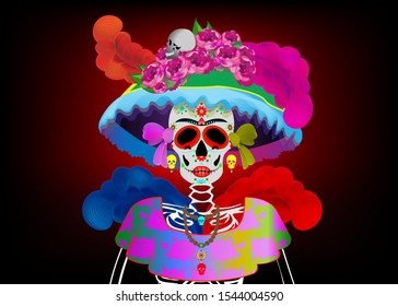 Catrina skeleton mexican popular culture that represent the death and is part of the collective imaginary that refers to the celebration of the Day of the Dead