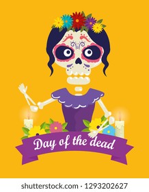 catrina with skull decoration and flowers to day of the dead event