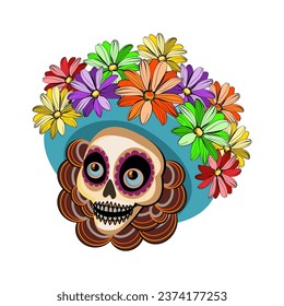 Catrina is symbol of Day of the Dead. Sugar skull with hat and flowers. Vector illustration.	
