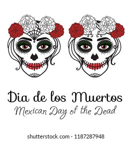 Catrina woman with make up of sugar skull. Dia de los muertos. Mexican Day of the dead. Vector illustration hand drawing isolated on white background