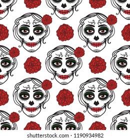 Catrina woman with make up of sugar skull. Seamless pattern. Dia de los muertos. Mexican Day of the dead. Vector illustration hand drawing isolated on white background
