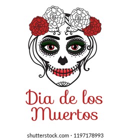 Catrina woman with make up of sugar skull. Sign Dia de los muertos. Mexican Day of the dead. Vector illustration hand drawing isolated on white background