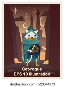 Cat-rogue in blue cloak. EPS 10 Illustration