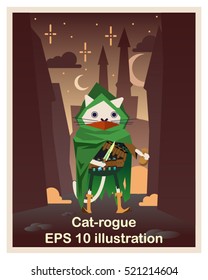 Cat-rogue in green cloak on warm background. EPS 10 Illustration