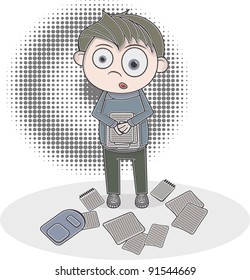 Catroon boy with a bunch of papers