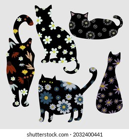 Cats abstract with cute flower vector ilustration.Great for sticker,wall art ,any print.Editable.