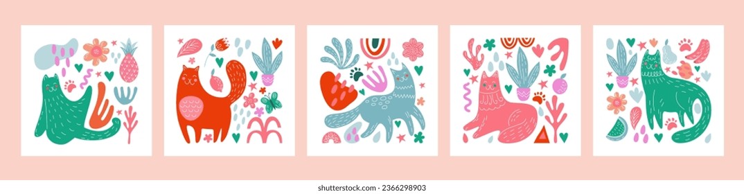 Katzen. Abstrakte lustige Charaktere. Doodles-Stil Zeichnung, bunter Kätzchen mit Blumen und Blättern. Gute, handgezeichnete Tiere. Quadratische Plakate und Karten, Vektorgrafik einzeln auf der Ebene