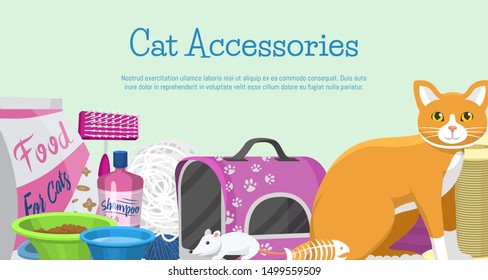 Cats accessories banner vector illustration. Animal supplies, food, toys for cats, toilet and equipment for grooming and pet care.