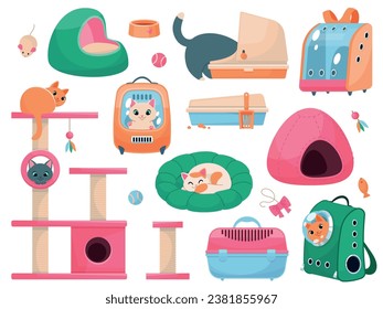 Cats accessories. Cute animals with beds toys and carriers, different devices for pets, transportation, bags and backpacks, care and play, pet shop. Vector cartoon flat isolated illustration set