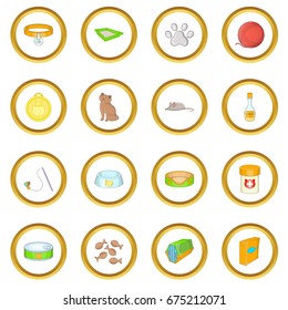 Cats accessories icons circle gold in cartoon style isolate on white background vector illustration
