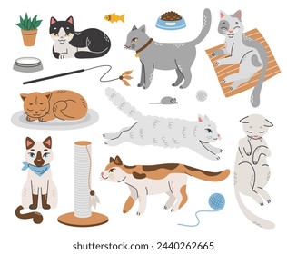 Conjunto de gatos de diferentes razas en diferentes poses. Accesorios para mascotas. Poste de rascar, tazón, comida, ratón de juguete, pescado, bola. Ilustración plana vectorial sobre un fondo blanco aislado