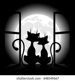 Cats against the background of the moon, a romantic meeting.