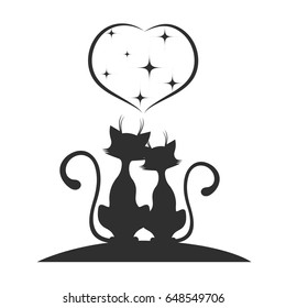 Cats against the background of the moon, a romantic meeting.