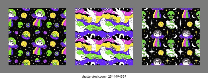 Cats and Alien in space cartoon vector seamless pattern