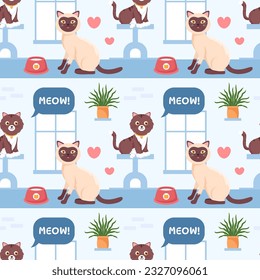 Cats Animals Seamless Pattern Design with Cat Element in Template Hand Drawn Cartoon Flat Illustration