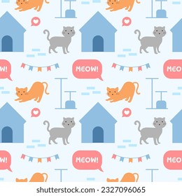 Cats Animals Seamless Pattern Design with Cat Element in Template Hand Drawn Cartoon Flat Illustration