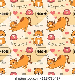 Cats Animals Seamless Pattern Design with Cat Element in Template Hand Drawn Cartoon Flat Illustration