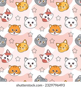 Cats Animals Seamless Pattern Design with Cat Element in Template Hand Drawn Cartoon Flat Illustration