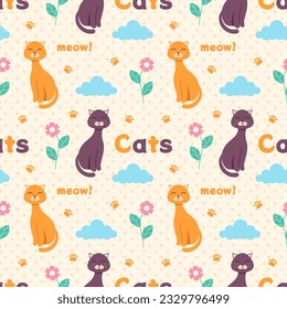 Cats Animals Seamless Pattern Design with Cat Element in Template Hand Drawn Cartoon Flat Illustration