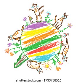 Cats around planet. Like child`s hand drawn cartoon doodle colorful vector art. World ecology globe. Cat`s day. Crayon, pencil, pastel chalk stroke art. Green day. Tree, flower, pet animal.