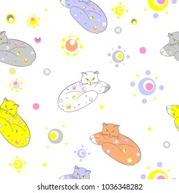 Cats asleep in space in blue, light blue, light pink, white, light gray, pink, yellow, light purple and black colors the seamless pattern on white background.