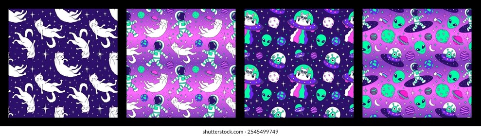 Cats, Astronaut and Alien in space cartoon vector seamless pattern