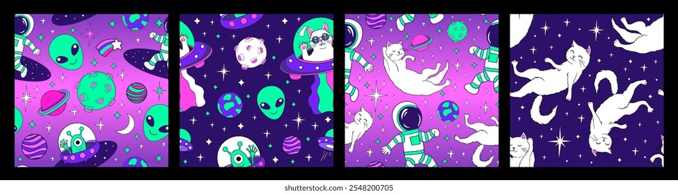 Gatos, astronauta e alienígena no espaço desenho animado vetor sem emenda padrão definido