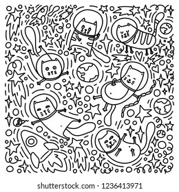 Cats astronauts in space. Hand drawn doodle concept. Childish illustration. Coloring book page. Stock vector