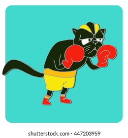 Cats athlete in sports wear. Boxer black cat in red boxing gloves. Funny animal sport sticker. Cartoon style. Vector illustration