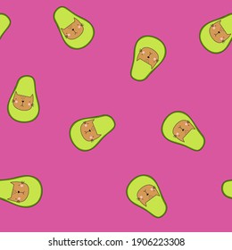 Cats in avocado vector seamless pattern. Funny children's pattern on pink background.Funny kittens backdrop. Cartoon vector background . For the design of textiles, fabric, wallpaper, wrapping paper.