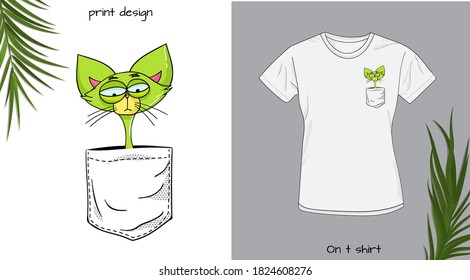 Cat's baby in t shirt pocket. Funny animals in my pocket design