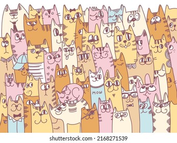 Cats background vector. Cute cartoon cats colors vector doodle hand drawn on white background