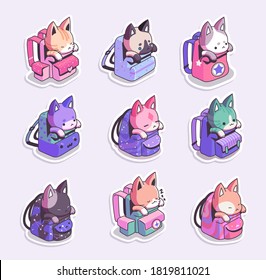 Cats in backpacks stickers . Set of badges with cats sitting in backpacks. Vector illustration