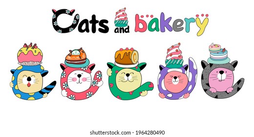 Cats and Bakery Colorful Clip Art Illustrations for Crafts, Skinny tumbler, Saucer, digital paper, logo, T-shirt Design, Seamless, Printed Cloth, Digital, Keychain, Gift, Sticker, Craft, DIY, Cards