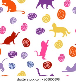 Cats and balls. seamless baby background with colour cats and balls.