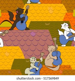 Cats band guitarist playing on the roof at night seamless pattern