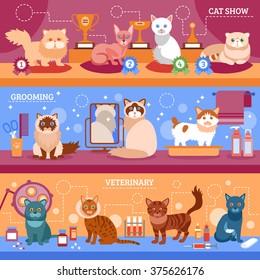 Cats banner horizontal set with flat grooming and veterinary elements isolated vector illustration