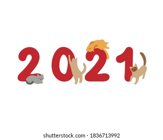 Gatos disfrutando y frotando contra los números 2021. ilustración vectorial plana