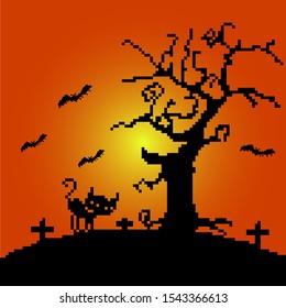 Cats, Bats and Trees, Halloween, Pixel, Orange Background