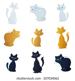 Cats, beautiful pets siting smiling, isolated on a white background, set. Vector