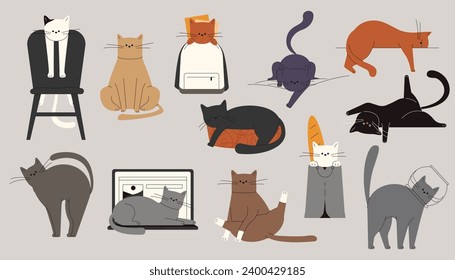 Cats behavior. Cartoon cute kitten playing with toys, funny cats in various poses and activities. Vector cute kitten characters isolated set of cute cat character cartoon illustration