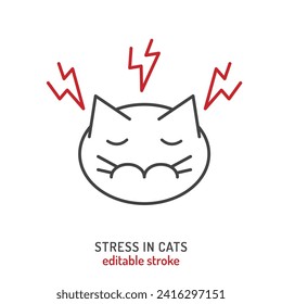 Cats behavior icon. Stress in a domestic animal or pet. Stressed cat linear pictogram. Kitten reaction. Simple icon, symbol, sign. Vector illustration isolated on a white background. Editable stroke