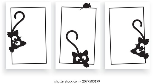 Cats behind frame picture, vector. Funny cat silhouette cartoon illustrations. Cute childish wall decals isolated on white background. Cartoon character art design. Wall art, artwork